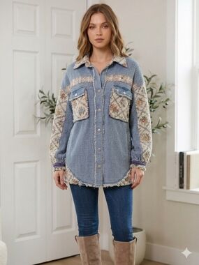 Boho Patchwork Denim Jacket Button-Up Shacket Similar To POL Sz M